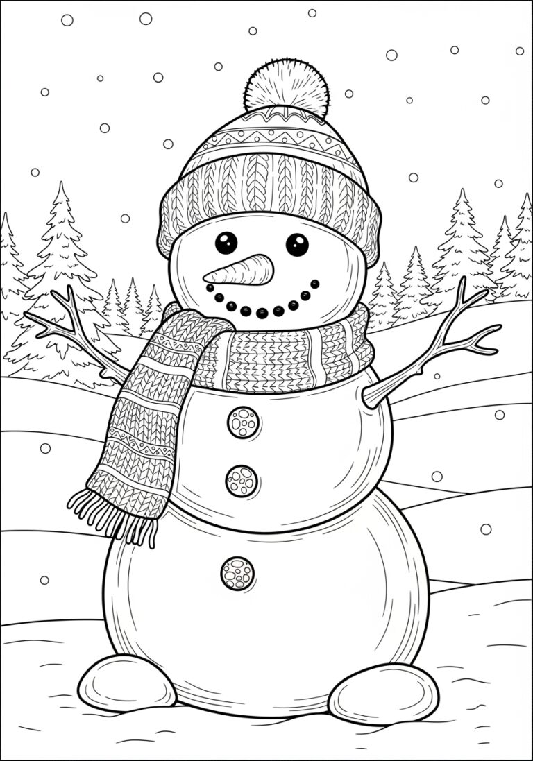 Realistic Snowman Coloring Page with Shading