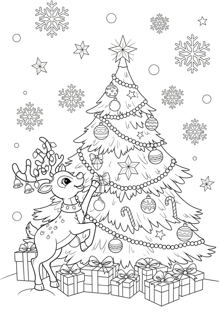 Reindeer and Christmas Tree Coloring Page