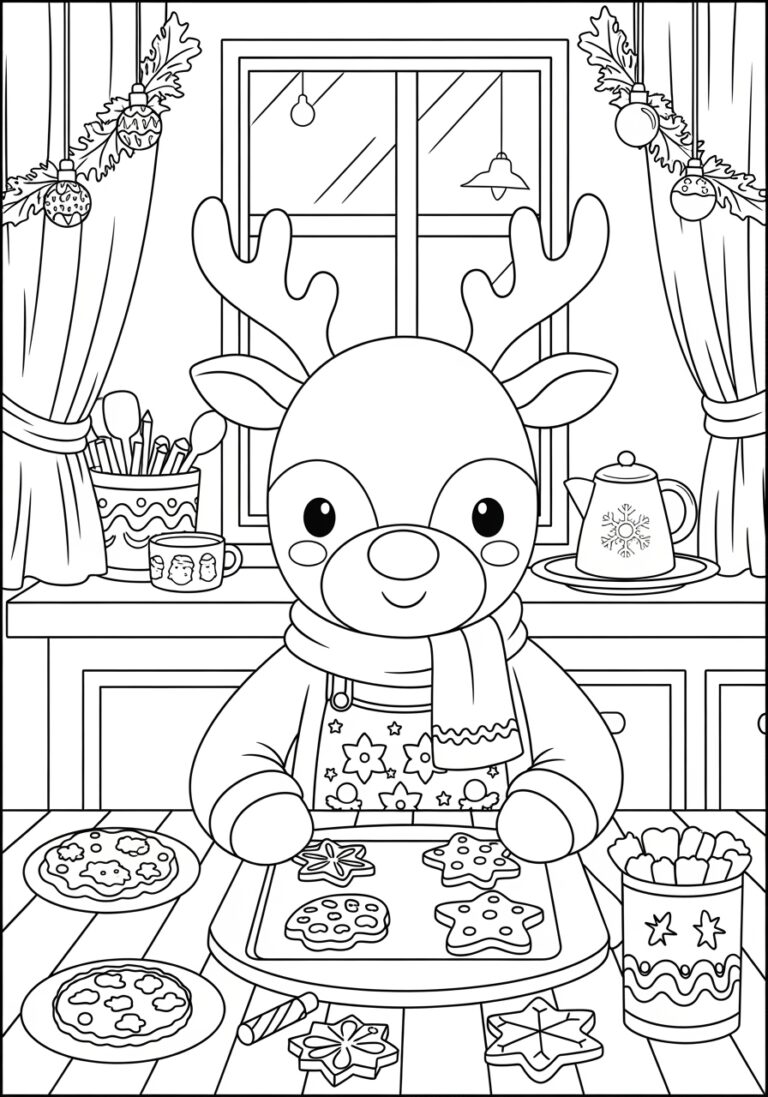 Reindeer Baking Cookies Coloring Page