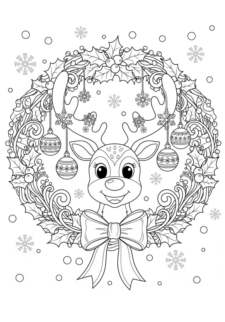 Reindeer Christmas Wreath Coloring Page Reindeer Christmas Wreath Coloring Page