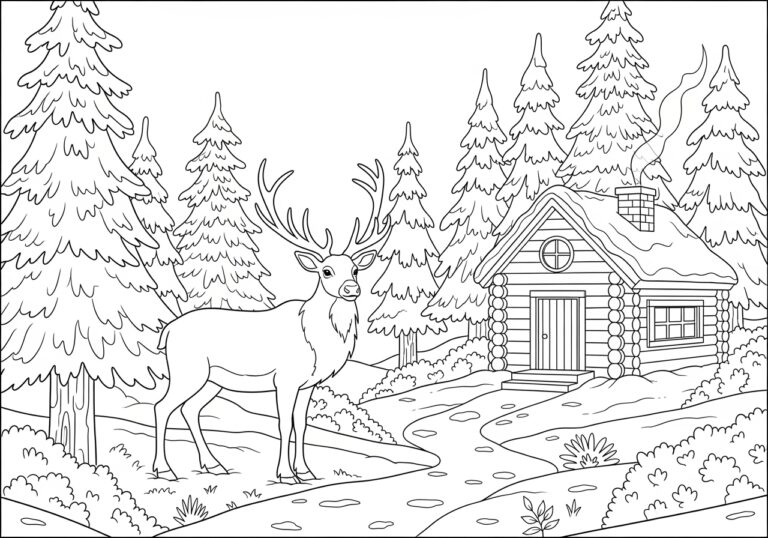Reindeer in Forest Cabin Coloring Page