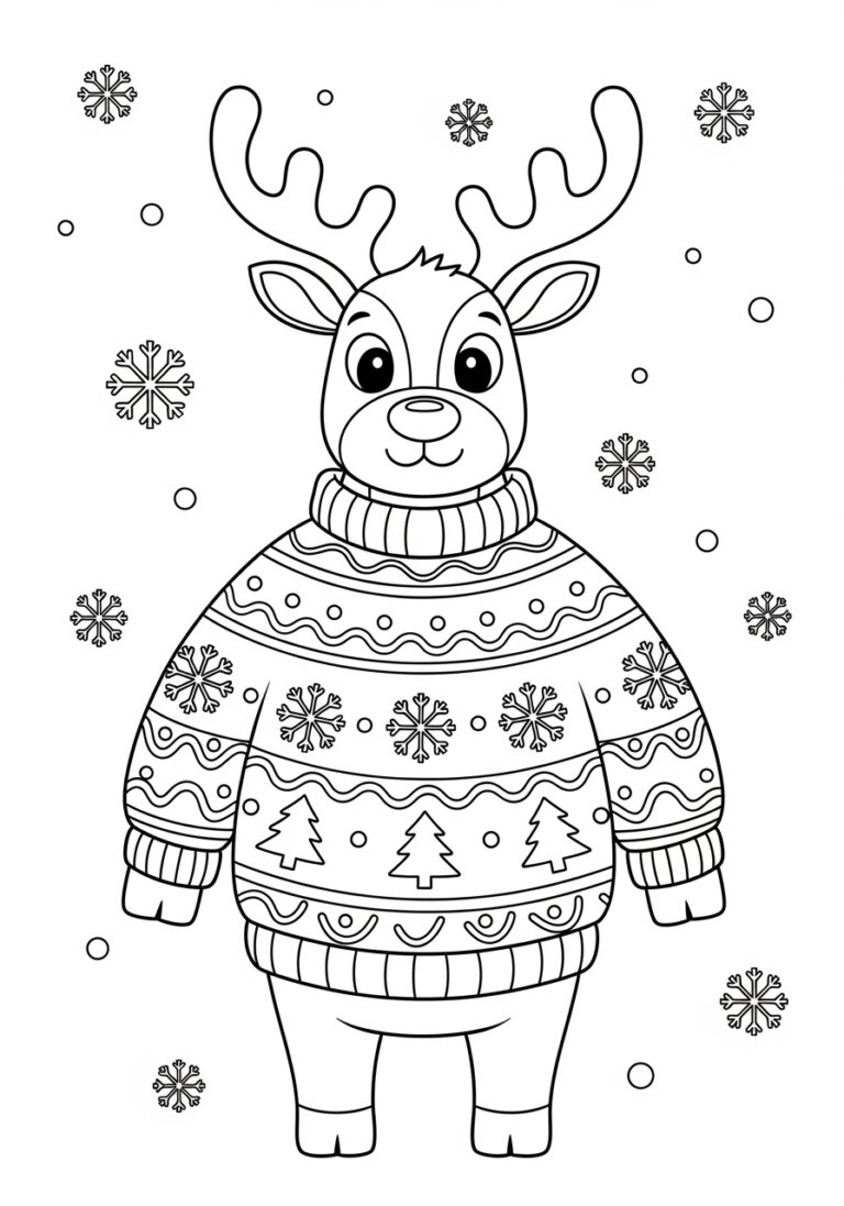 Reindeer in Ugly Christmas Sweater Coloring Page Reindeer in Ugly Christmas Sweater Coloring Page