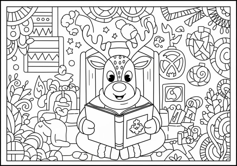 Reindeer Reading Bedtime Story Coloring Page