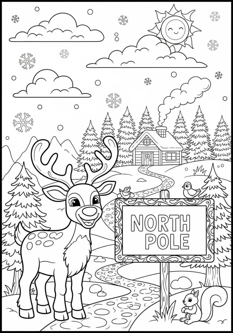 Reindeer with North Pole Sign Coloring Page