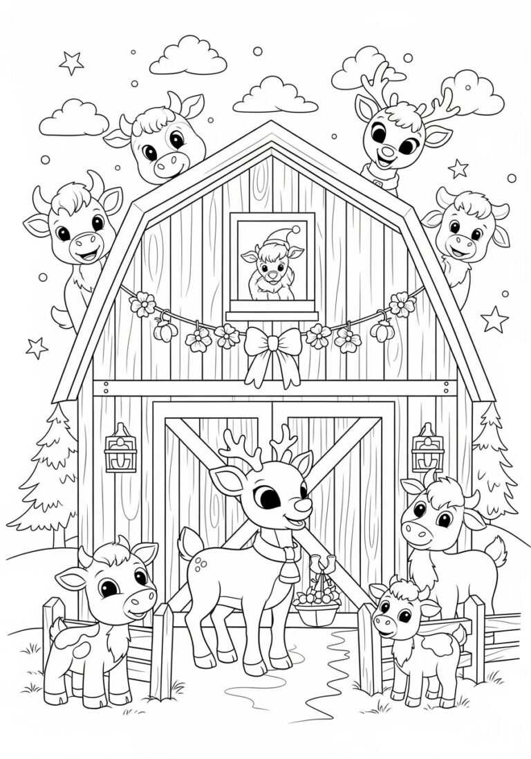 Rudolph at the Barn with Farm Animal Coloring Page
