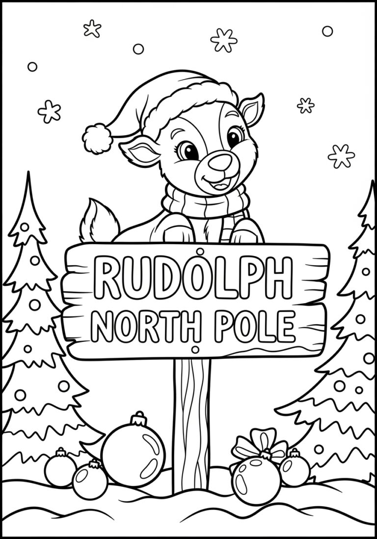Rudolph at the North Pole Sign Coloring Page