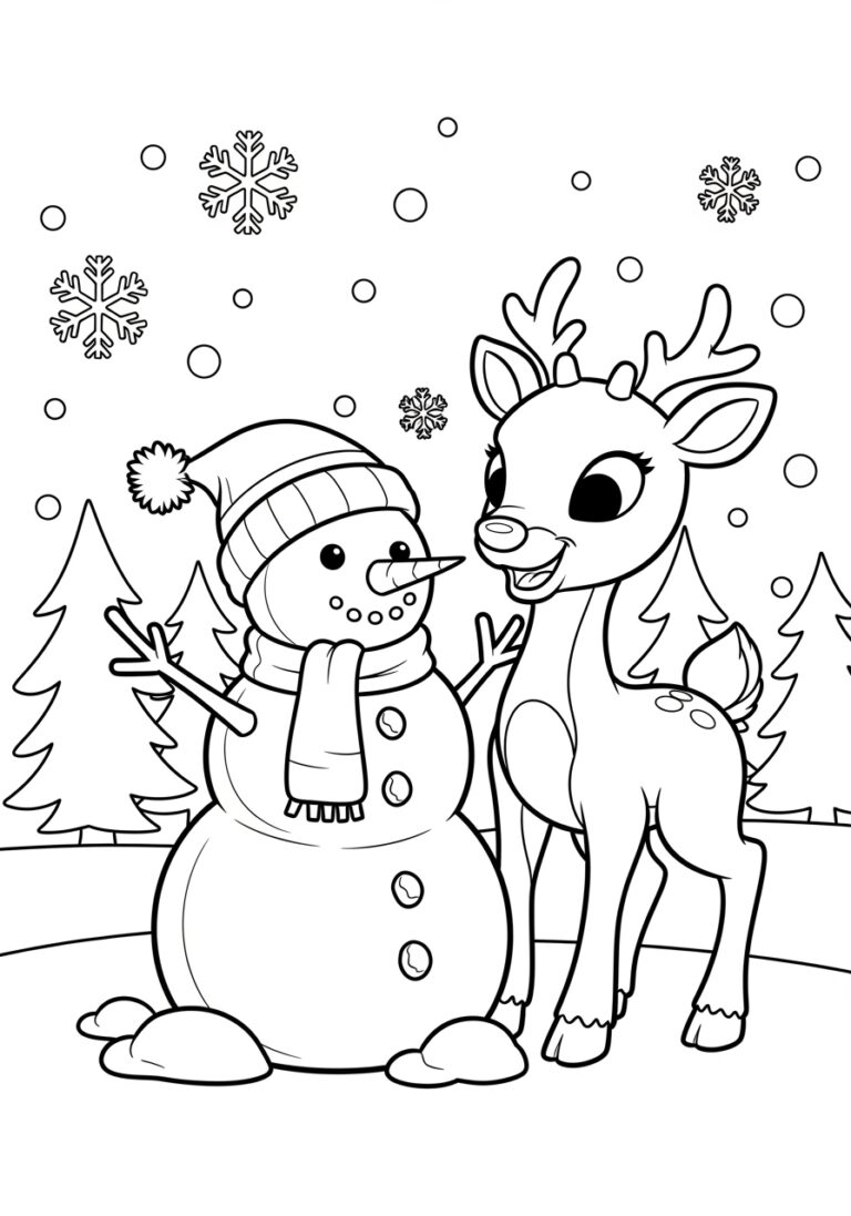 Rudolph Building a Snowman Coloring Page