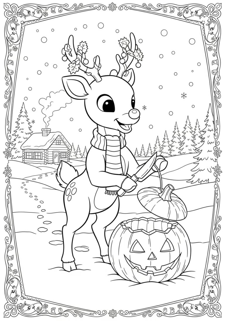 Rudolph Carving a Jack-o’-Lantern Coloring Page