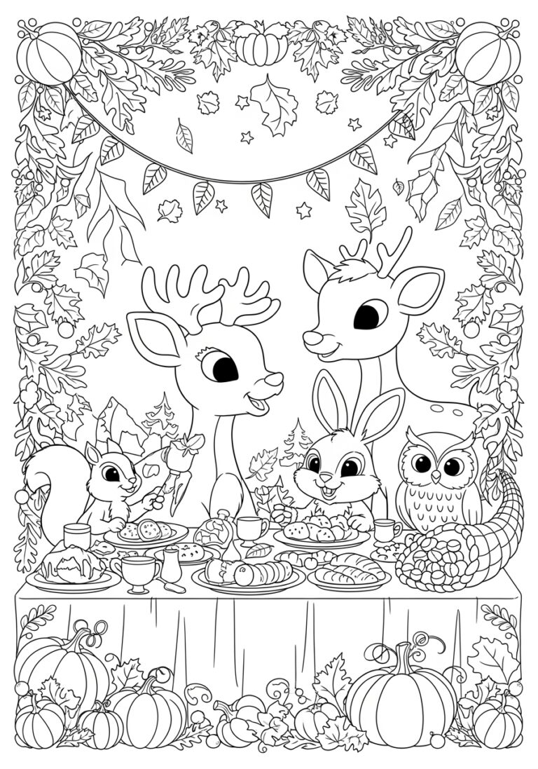 Rudolph Sharing a Thanksgiving Feast Coloring Page