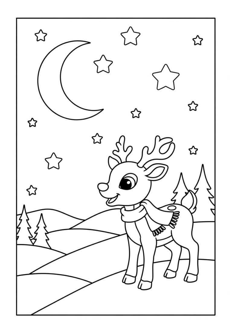 Rudolph Under Moon and Stars Bedtime Coloring Page Rudolph Under Moon and Stars Bedtime Coloring Page