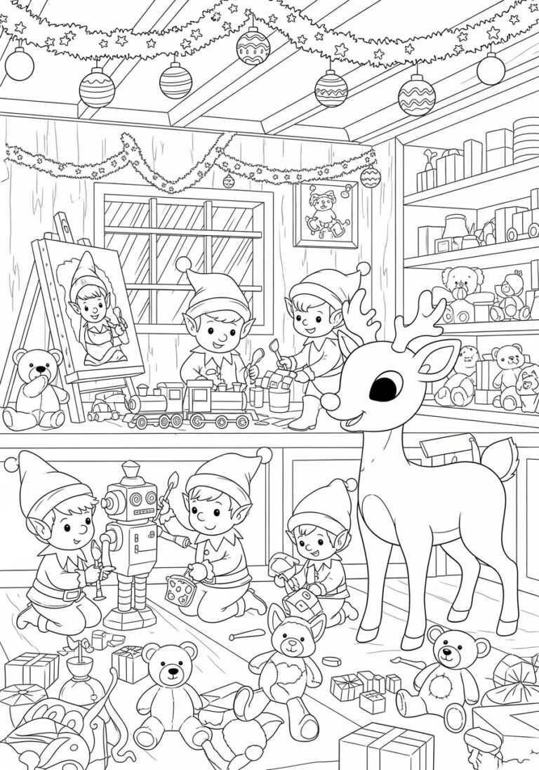Rudolph with Elves in the Toy Workshop Coloring Page