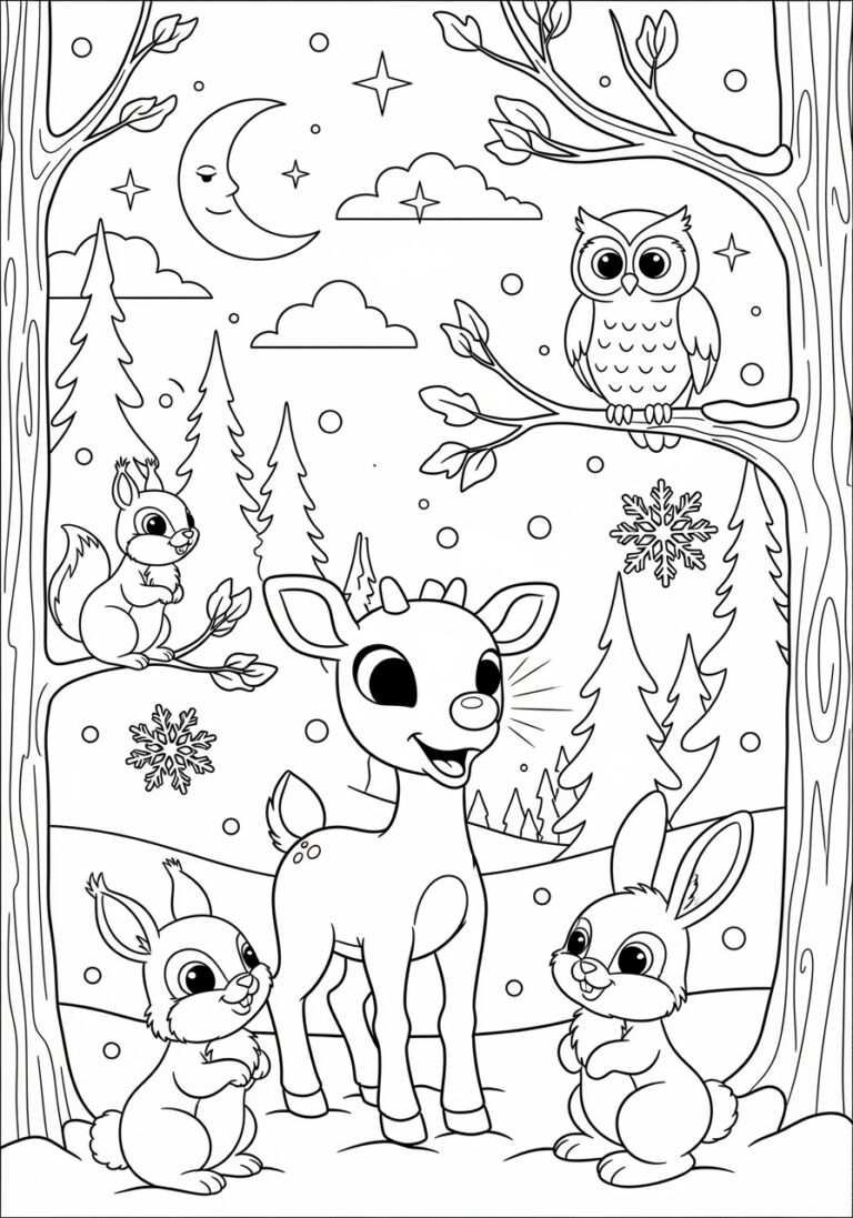 Rudolph with Forest Animal Friends Coloring Page