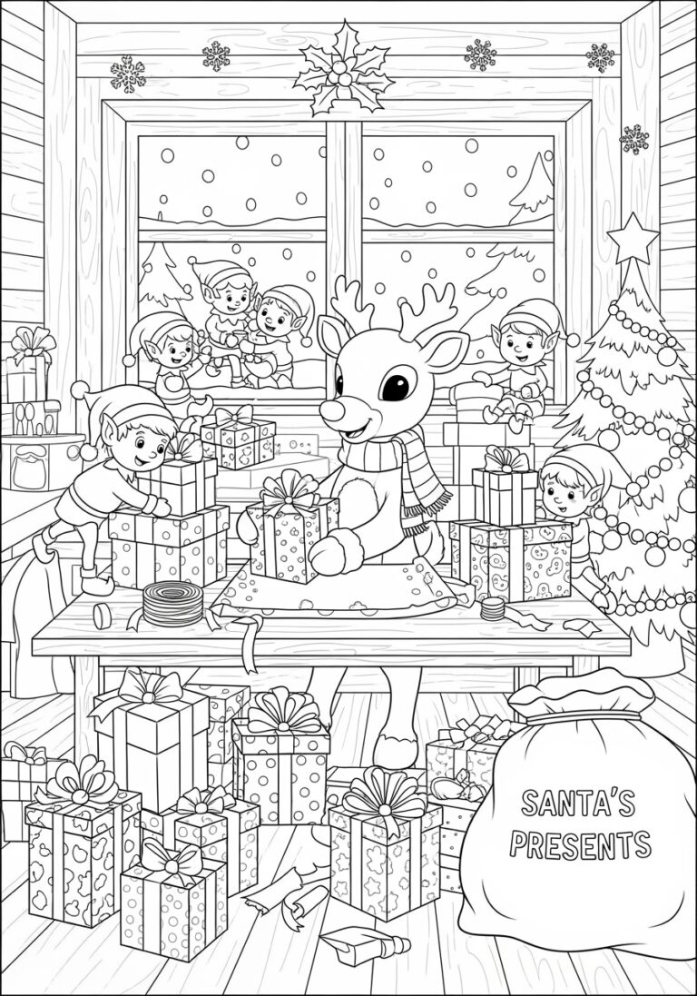 Rudolph Wrapping Gift at the North Pole Coloring Page