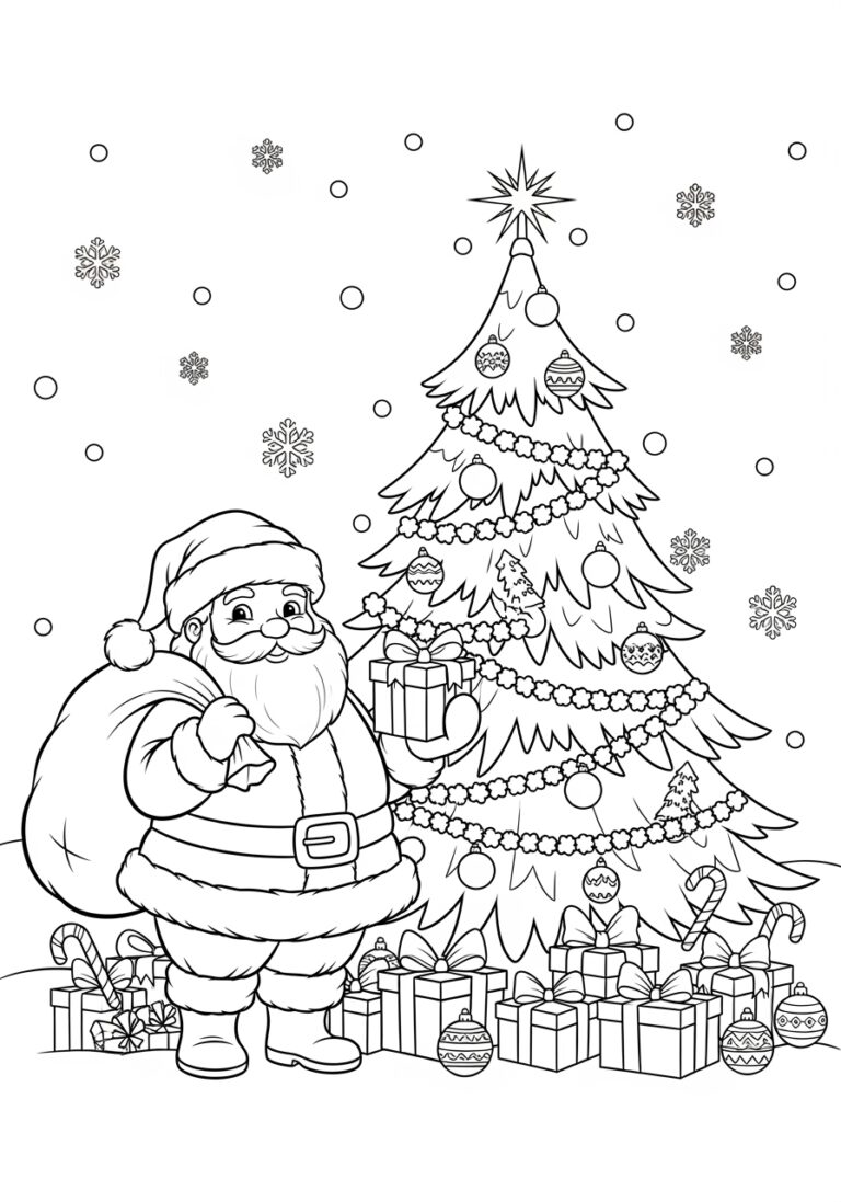 Santa Claus and Christmas Tree Coloring Page Santa Claus and Christmas Tree Coloring Page