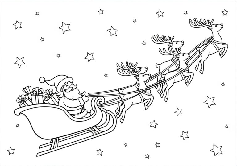Santa Claus Sleigh and Reindeer Coloring Page Santa Claus Sleigh and Reindeer Coloring Page