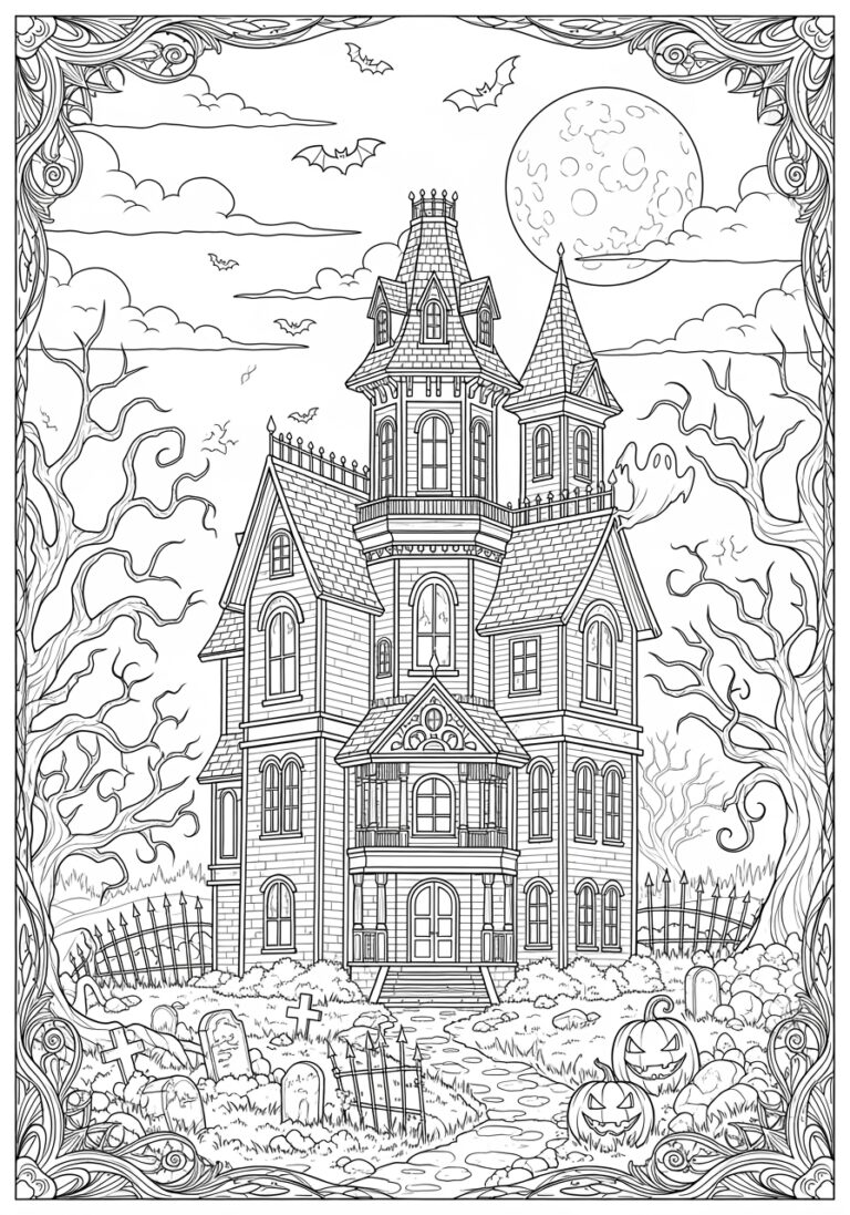Scary House Coloring Page to Print Out and Color