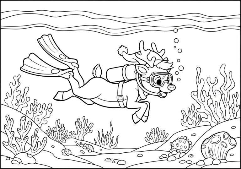Scuba Diver Rudolph Under the Sea Coloring Page