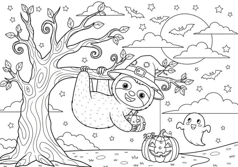 Sloth Halloween Coloring Page to Print Out and Color Sloth Halloween Coloring Page to Print Out and Color