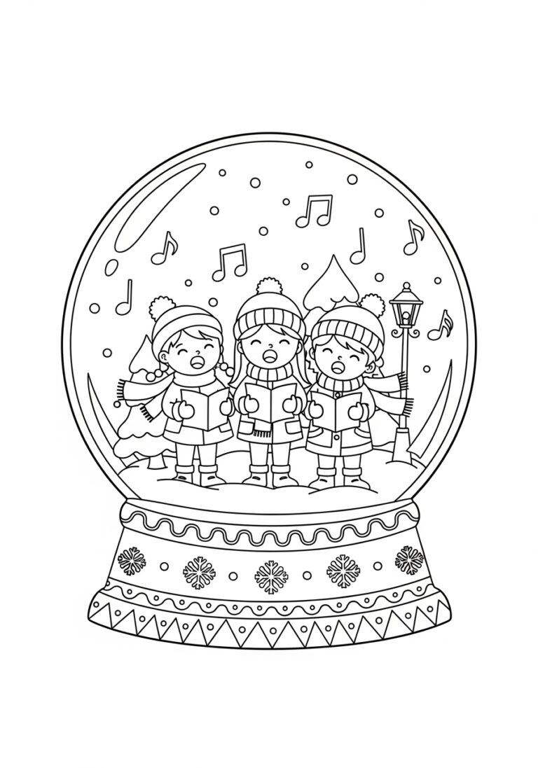Snow Globe with Caroling Kids Coloring Page Snow Globe with Caroling Kids Coloring Page