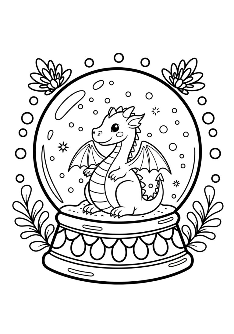 Snow Globe with Magical Dragon Coloring Page Snow Globe with Magical Dragon Coloring Page