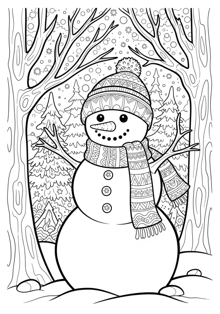 Snowman Coloring Page in Winter Forest Snowman Coloring Page in Winter Forest