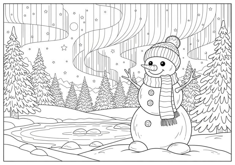 Snowman Coloring Page Under Northern Lights