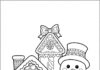 Snowman Coloring Page with Gingerbread House