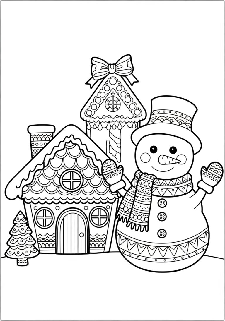 Snowman Coloring Page with Gingerbread House Snowman Coloring Page with Gingerbread House