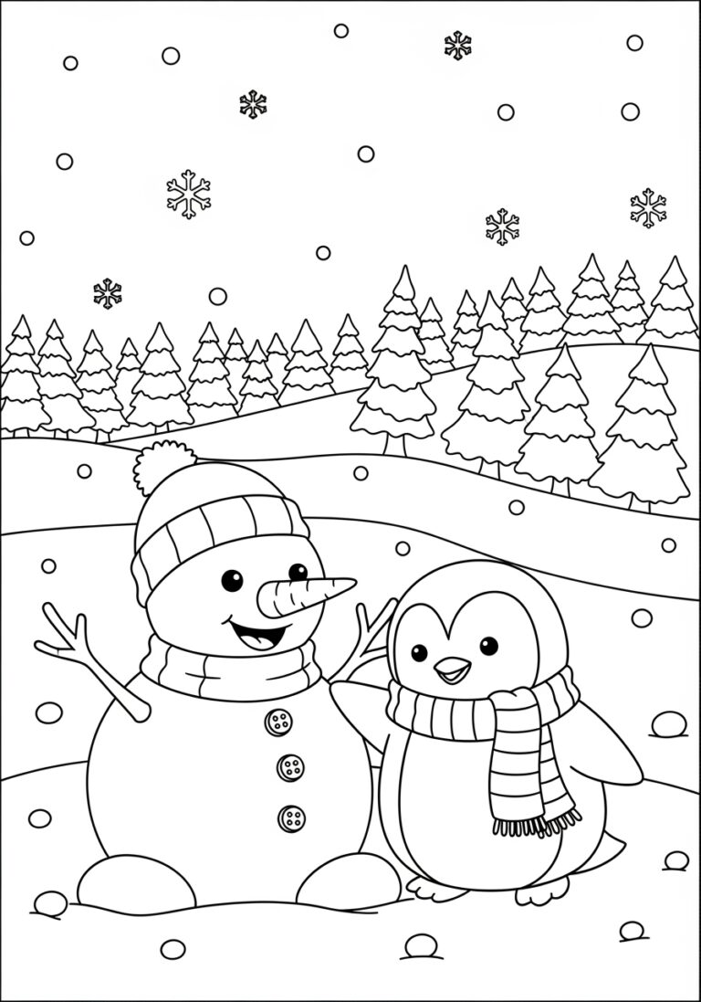 Snowman Coloring Page with Penguin Friend