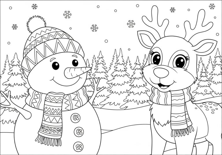 Snowman Coloring Page with Reindeer Snowman Coloring Page with Reindeer