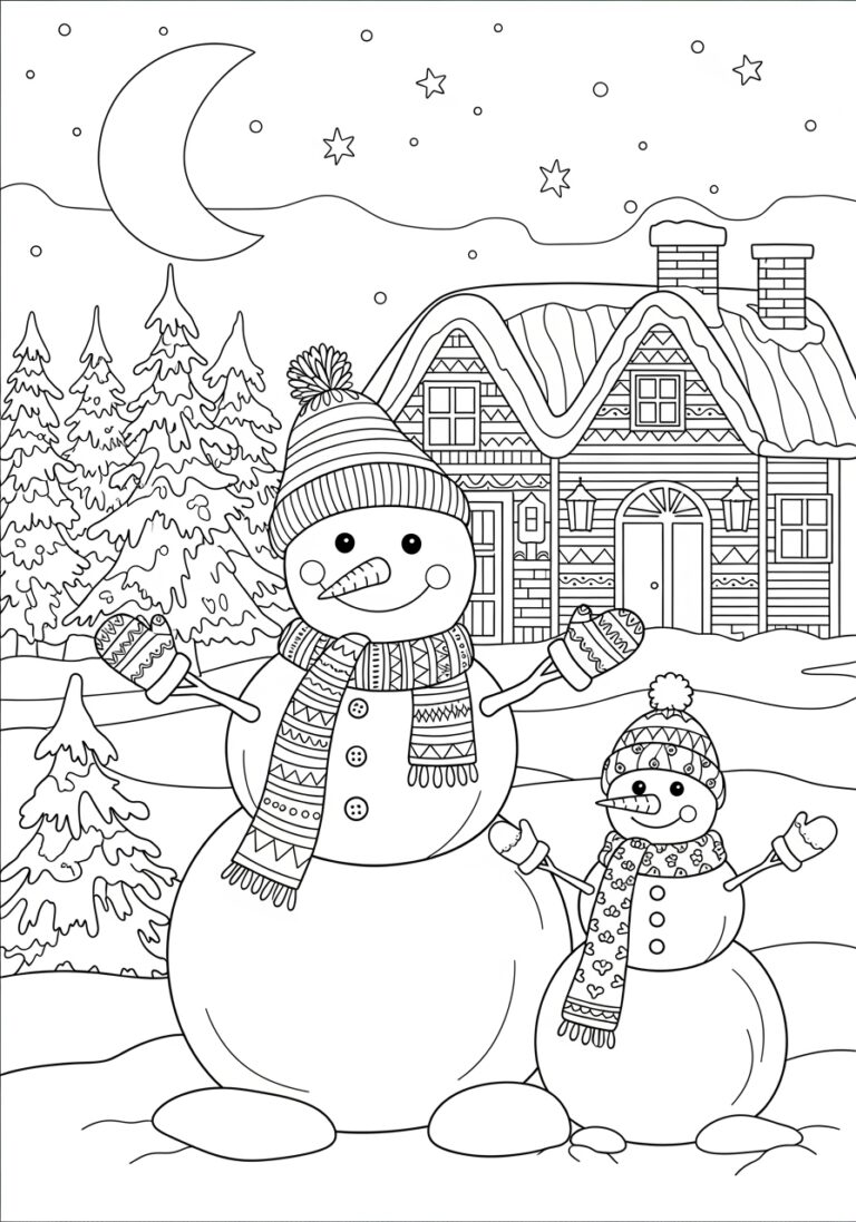 Snowman at Night Coloring Page Snowman at Night Coloring Page