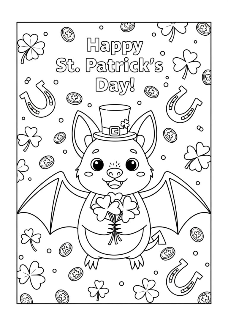 St. Patrick’s Day Bat with Shamrocks Coloring Page
