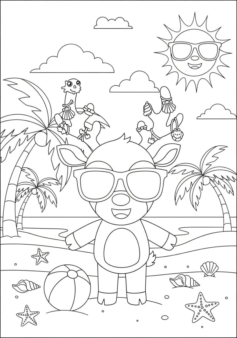 Summer Beach Rudolph with Sunglasses Coloring Page