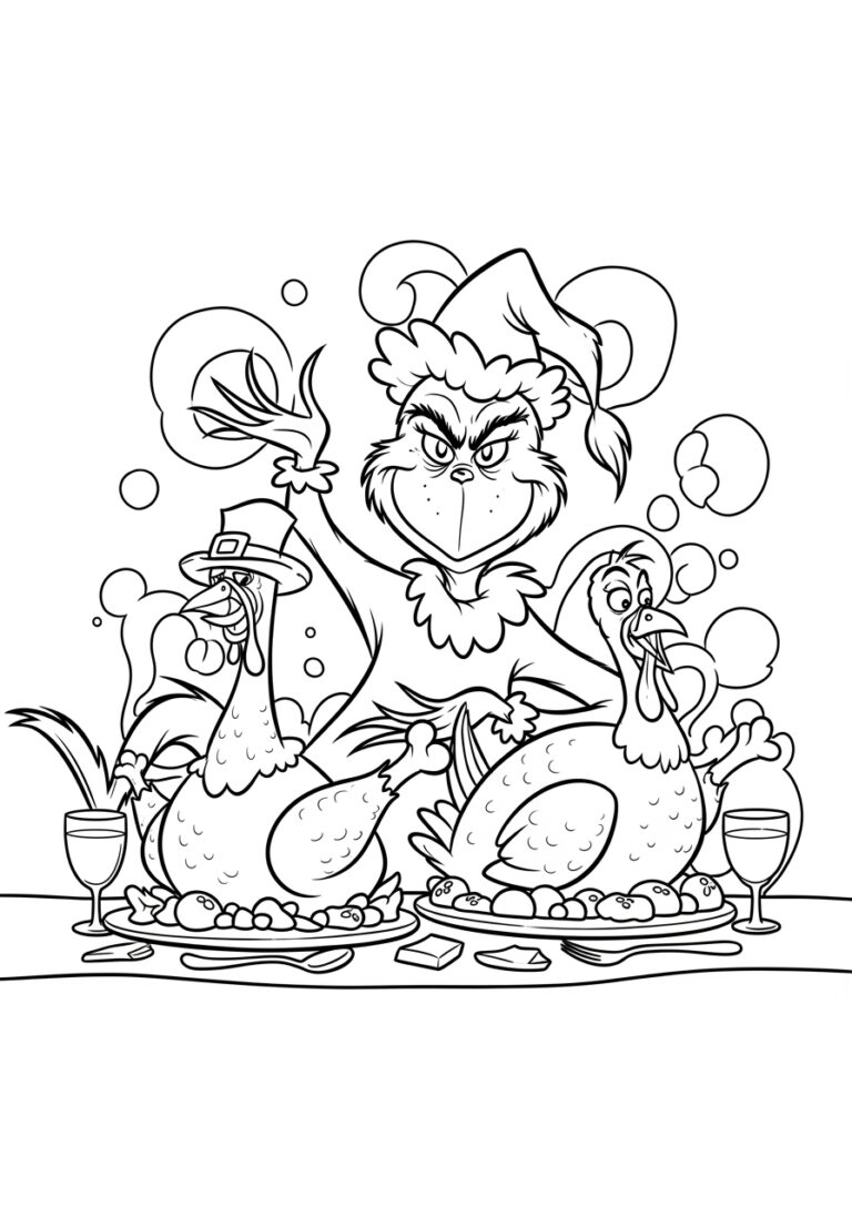 Thanksgiving Grinch with Turkey Dinner Coloring Page Thanksgiving Grinch with Turkey Dinner Coloring Page