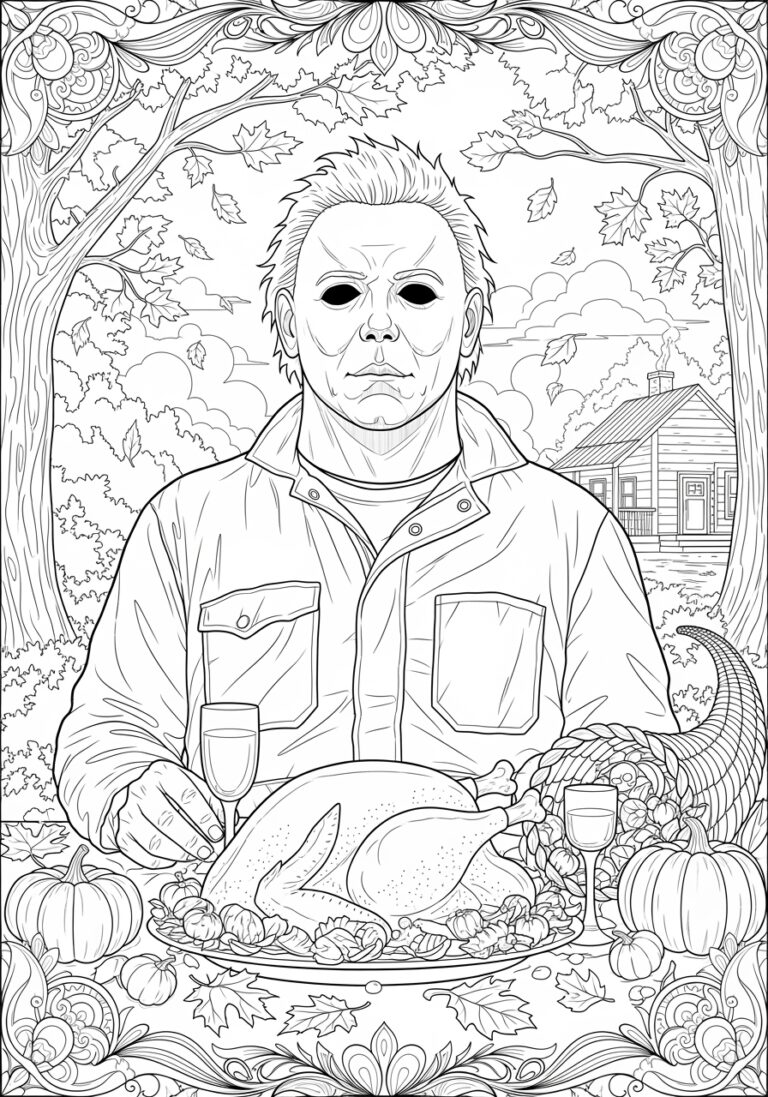 Thanksgiving Michael Myers Autumn Feast Coloring Page