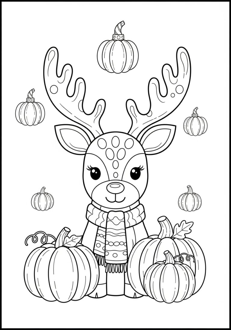 Thanksgiving Reindeer with Pumpkins Coloring Page