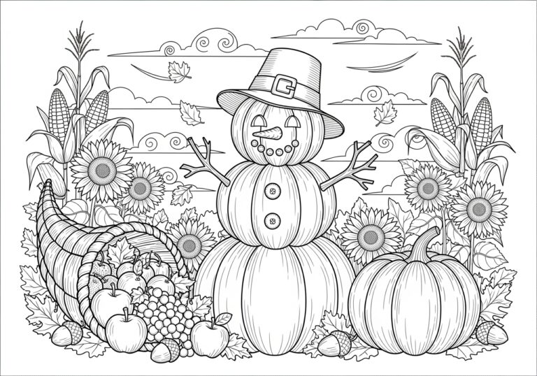 Thanksgiving Snowman Coloring Page with Harvest Theme Thanksgiving Snowman Coloring Page with Harvest Theme