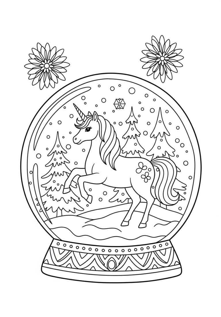 Unicorn in Snowy Forest Snow Globe Coloring Page Unicorn in Snowy Forest Snow Globe Coloring Page
