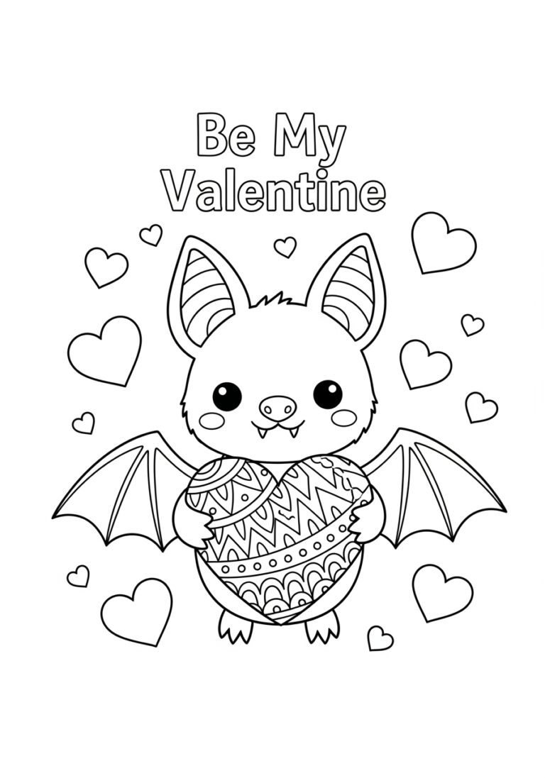 Valentine Bat Holding a Heart Coloring Page