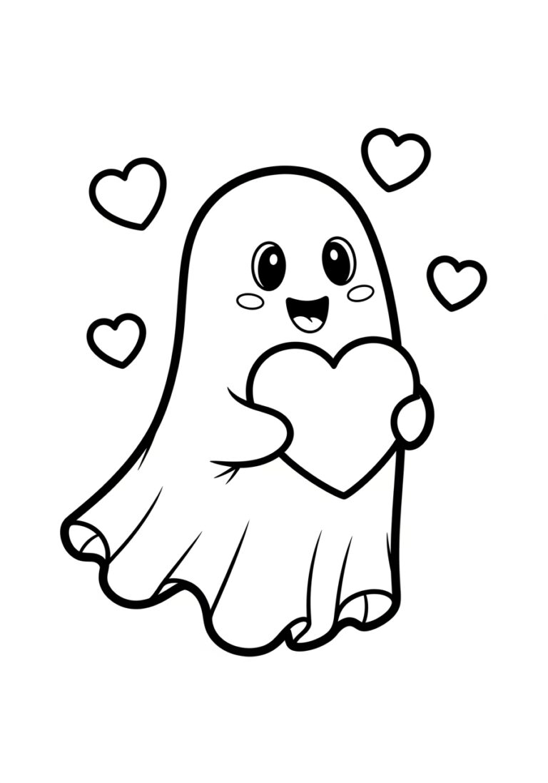 Valentine Ghost Holding a Heart Coloring Page