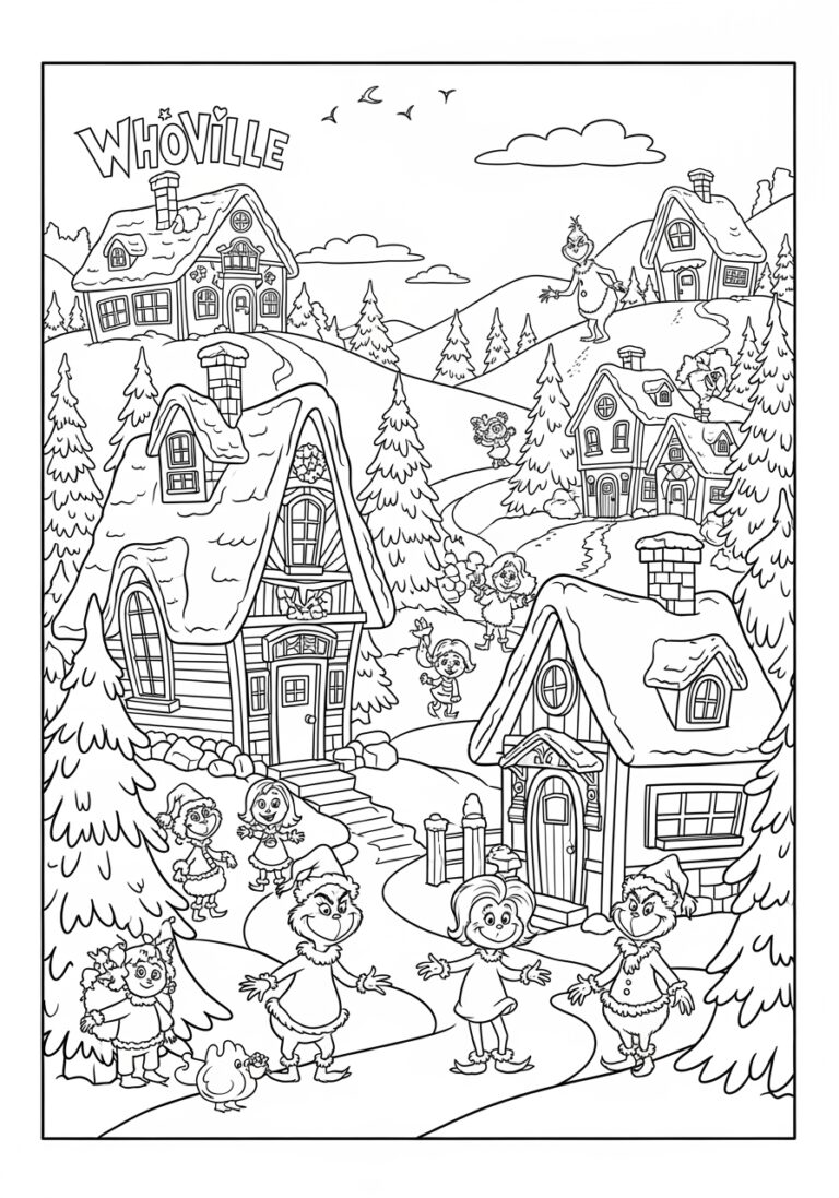 Whoville Town Scene with Grinch Coloring Page