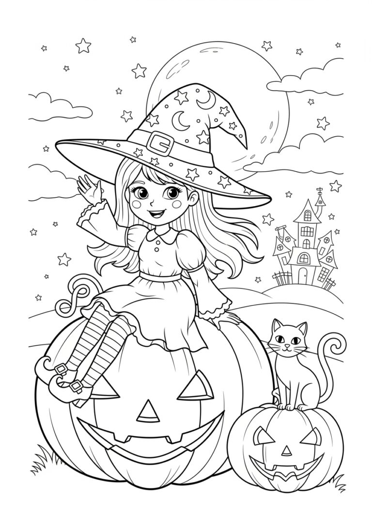 Witch and Pumpkin Coloring Page to Print Out and Color