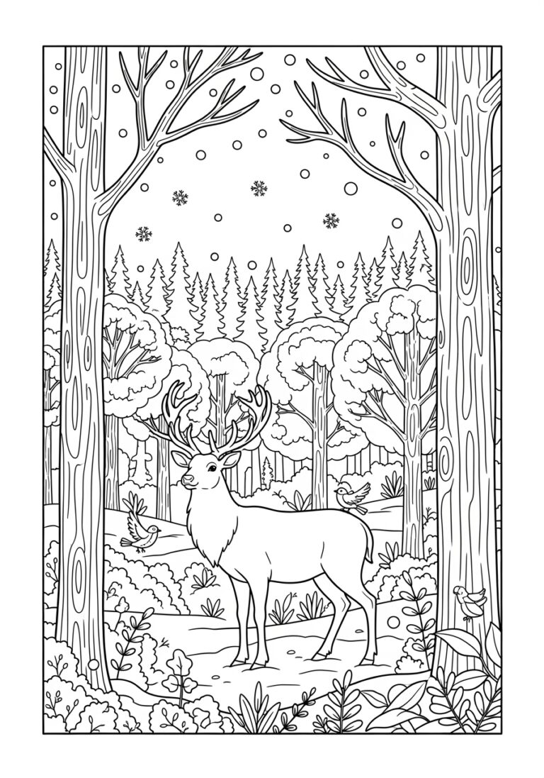 Woodland Reindeer Scene Coloring Page