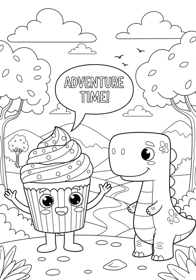 Cupcake and Dino Coloring Page to Print Out and Color