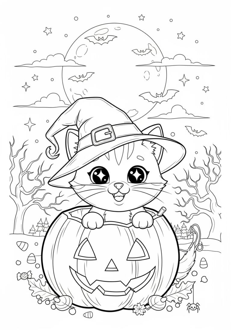 Cute Cat Halloween Coloring Page to Print and Color Cute Cat Halloween Coloring Page to Print and Color