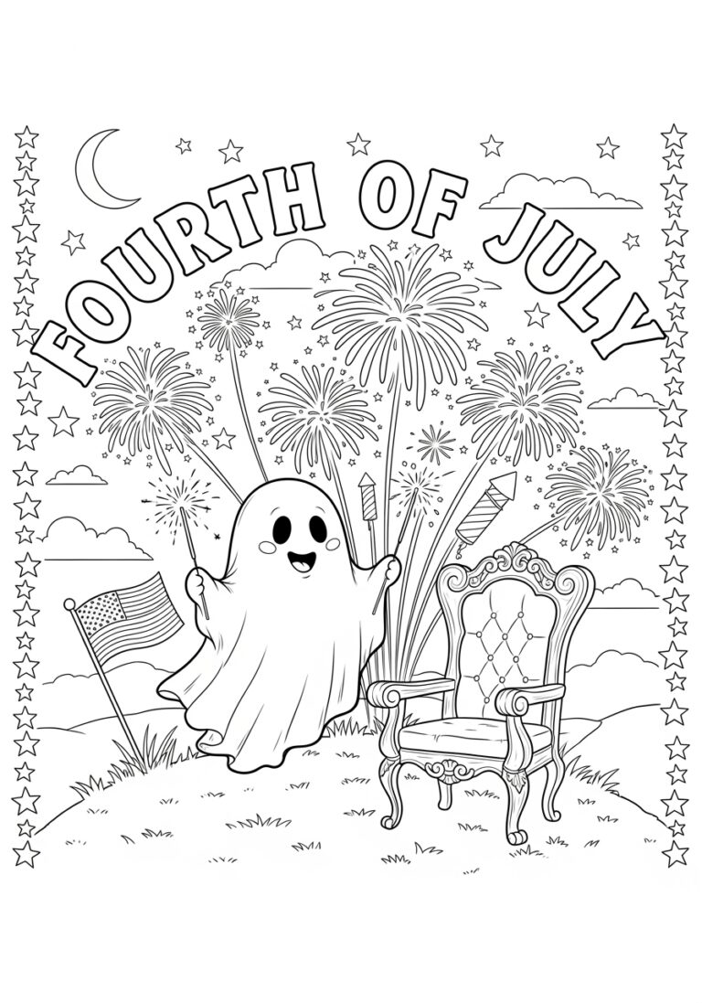 Ghost with Fireworks Fourth of July Coloring Page