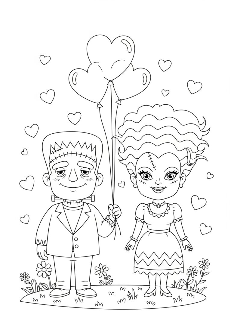 Frankenstein with Valentine’s Heart Coloring Page Frankenstein with Valentine’s Heart Coloring Page