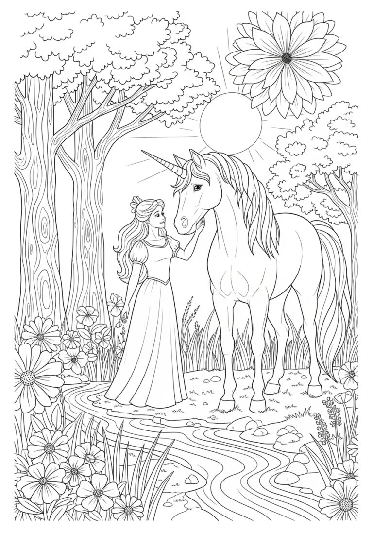 Princess and Unicorn Coloring Page Princess and Unicorn Coloring Page