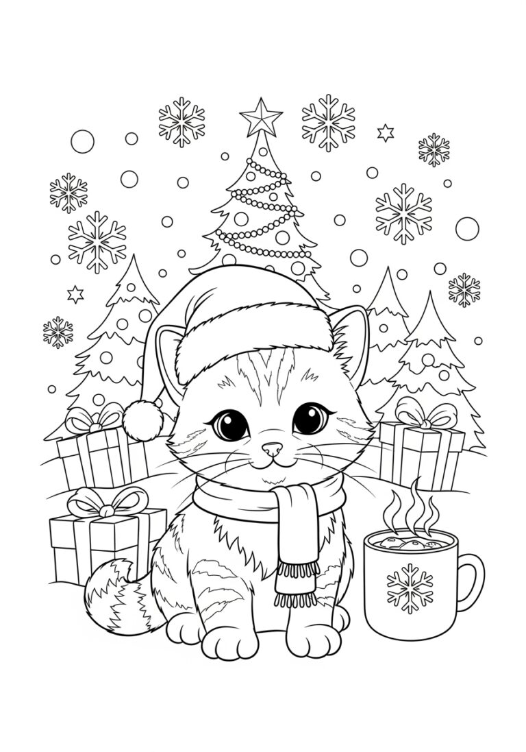 Christmas Kitty Coloring Page
