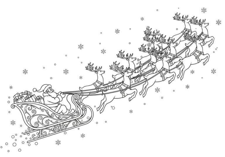 Santa Sleigh and Reindeer Coloring Page Santa Sleigh and Reindeer Coloring Page